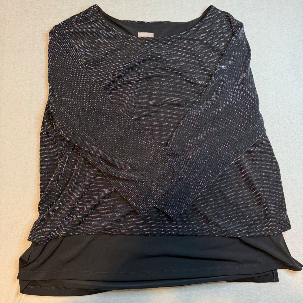 Easywear by Chicos Black Metallic Shimmer Layered Top Long Sleeve Size 2 Large